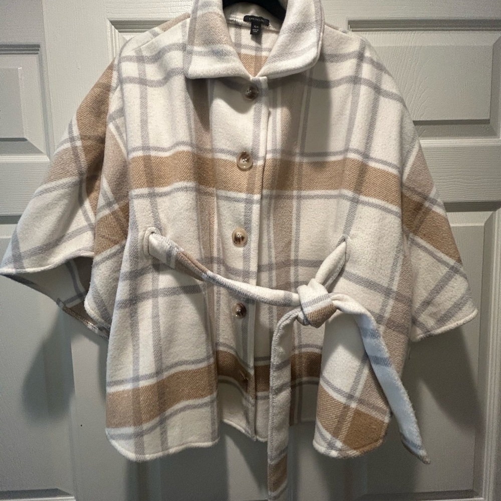 Ann Taylor Plaid Button Front Cape with Belt - Cream & Tan